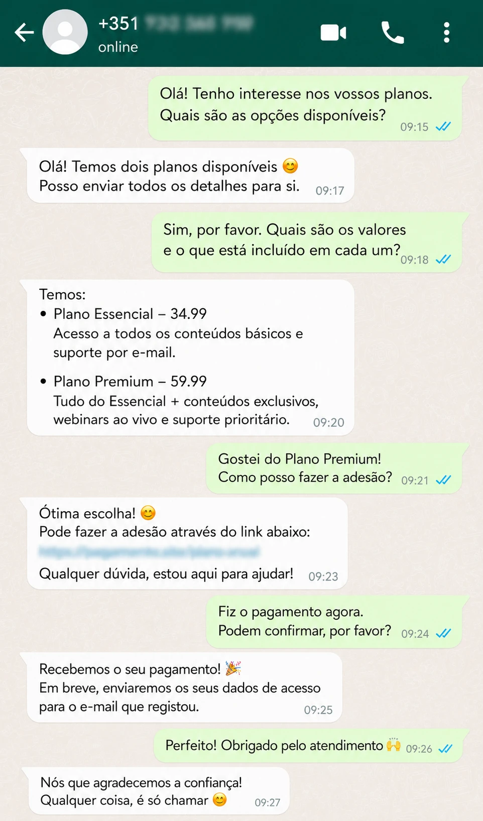 Conversa WhatsApp com cliente satisfeito sobre planos IPTV Portugal
